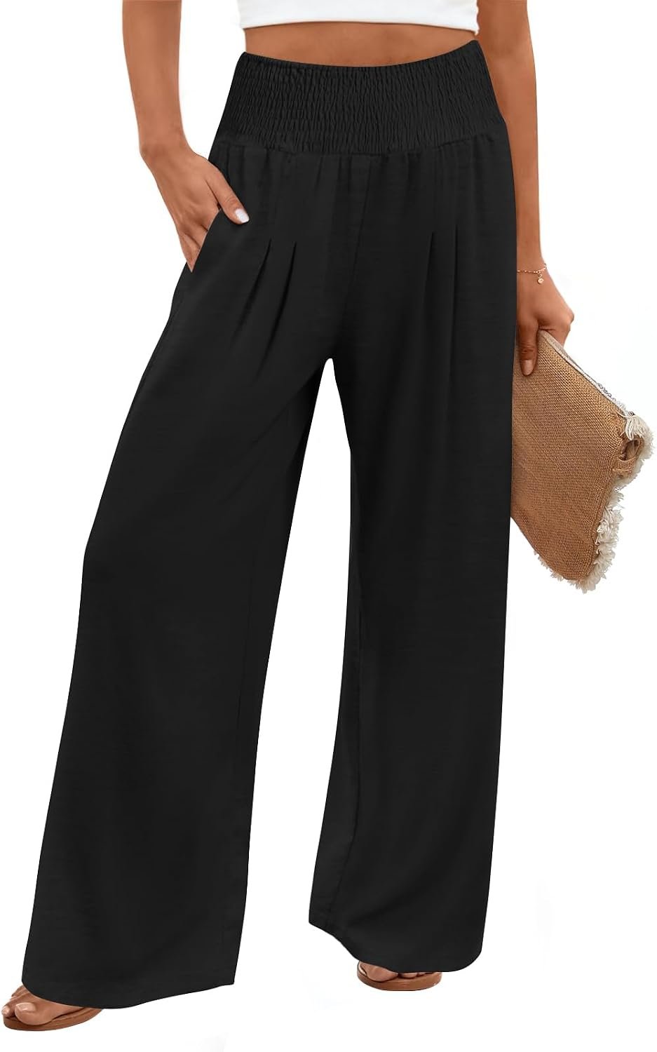 Findsweet Womens Wide Leg Pants Palazzo Casual Flowy Elastic Waist Pant Dressy Long Lounge with Pockets