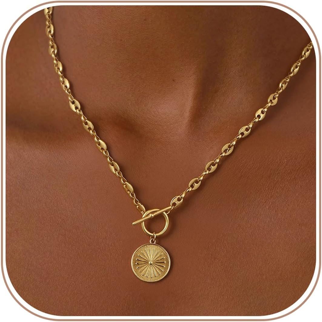 Chunky Gold Necklace for Women, Simple Toggle Clasp Pendant Necklace