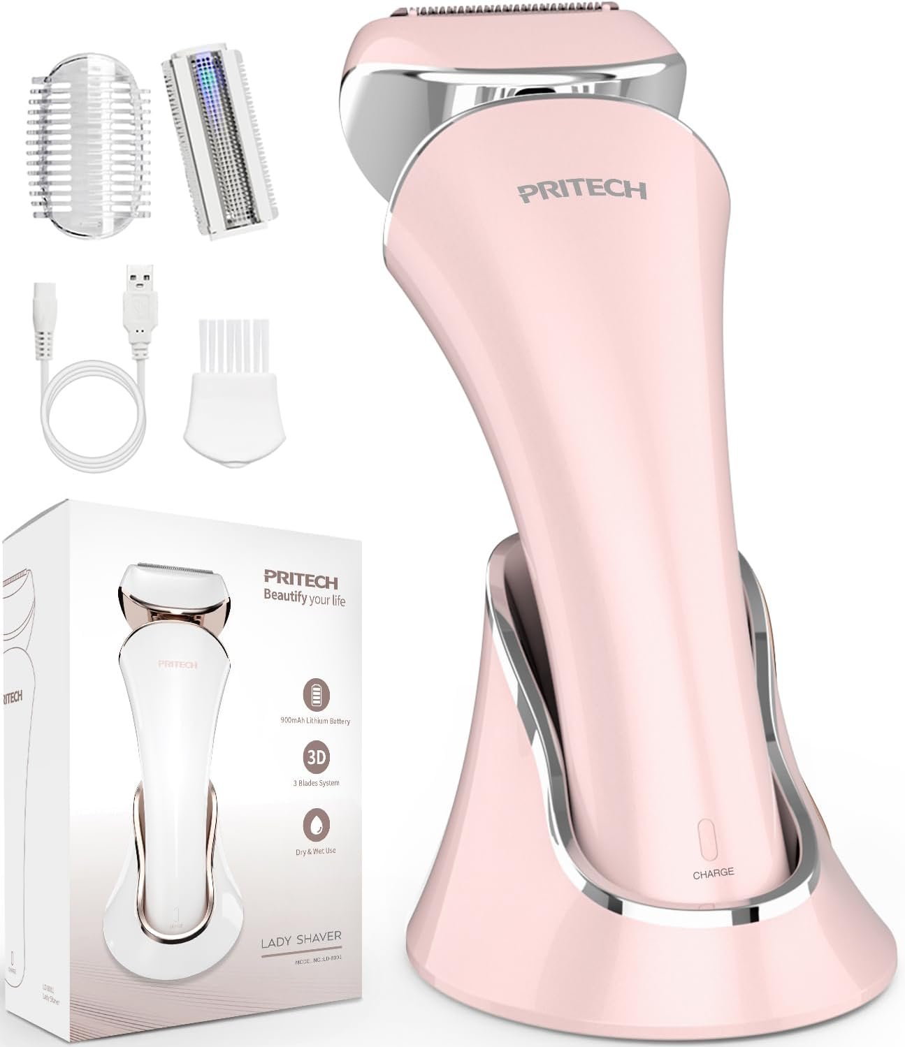 PRITECH Electric Razor for Women Wet/Dry Electric Shaver for Women Pink