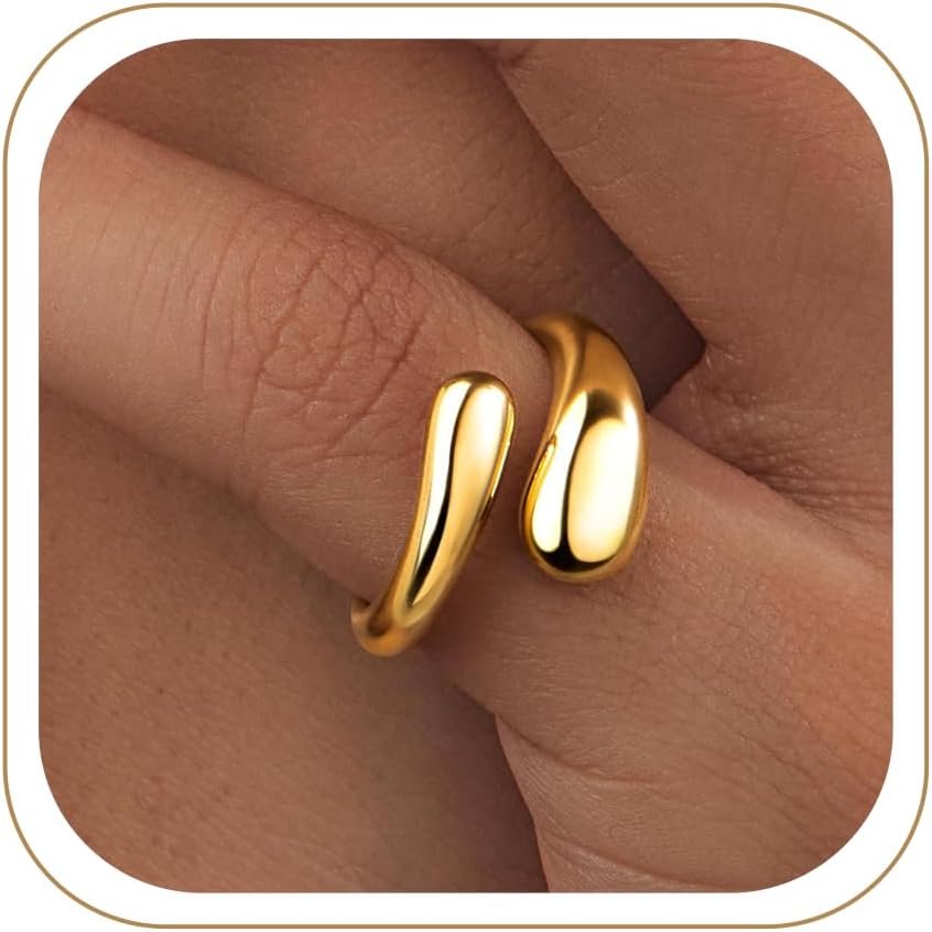 Non Tarnish Gold Chunky Rings for Women, 14K Gold Plated Statement Dome Rings Stacking Silver, Adjustable Mens Eternity Wedding Band Mixed Metal Jewelry Size 3-15 Half Size