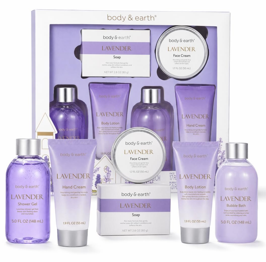 BODY & EARTH Bath and Body Gift Box for Women- 6 Pcs Lavender Bath Kit for Women Spa Set, Birthday, Christmas Gift Set Includes Body Lotion, Bubble Bath, Shower Gel