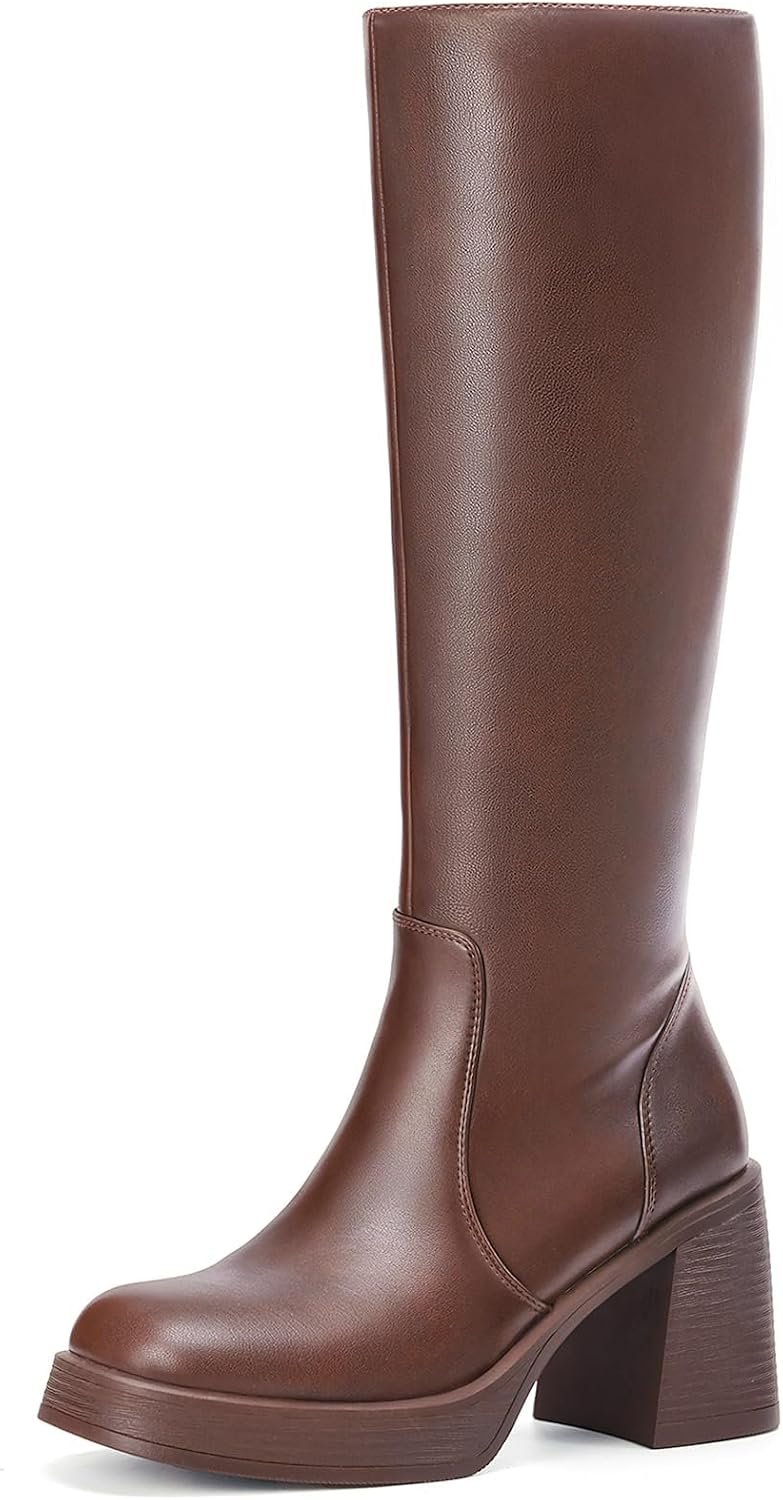 Choiran Knee High Boots for Women – Platform Chunky Square Toe Tall Boots with Block Heeled Side Zipper, Fashion Long Gogo Boots for Spring Fall