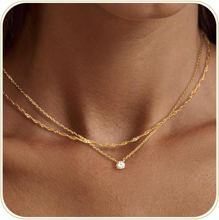 Tewiky Dainty 14k Gold Plated/Silver Cubic Zirconia Necklaces for Women