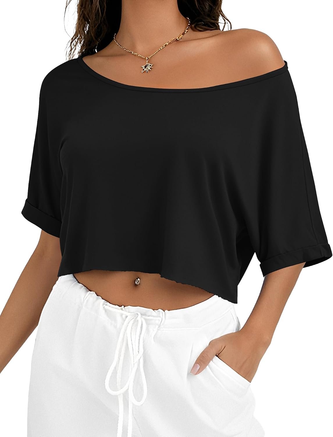 Kistore Off Shoulder Tops for Women Going Out Short Sleeve Cropped T Shirts | Summer Trendy Tops, Crop Top For Women, Boat Neck Loose T Shirt, Asymmetrical Tops, Roll Sleeve, Loose Fit, Raw-Edge Hem