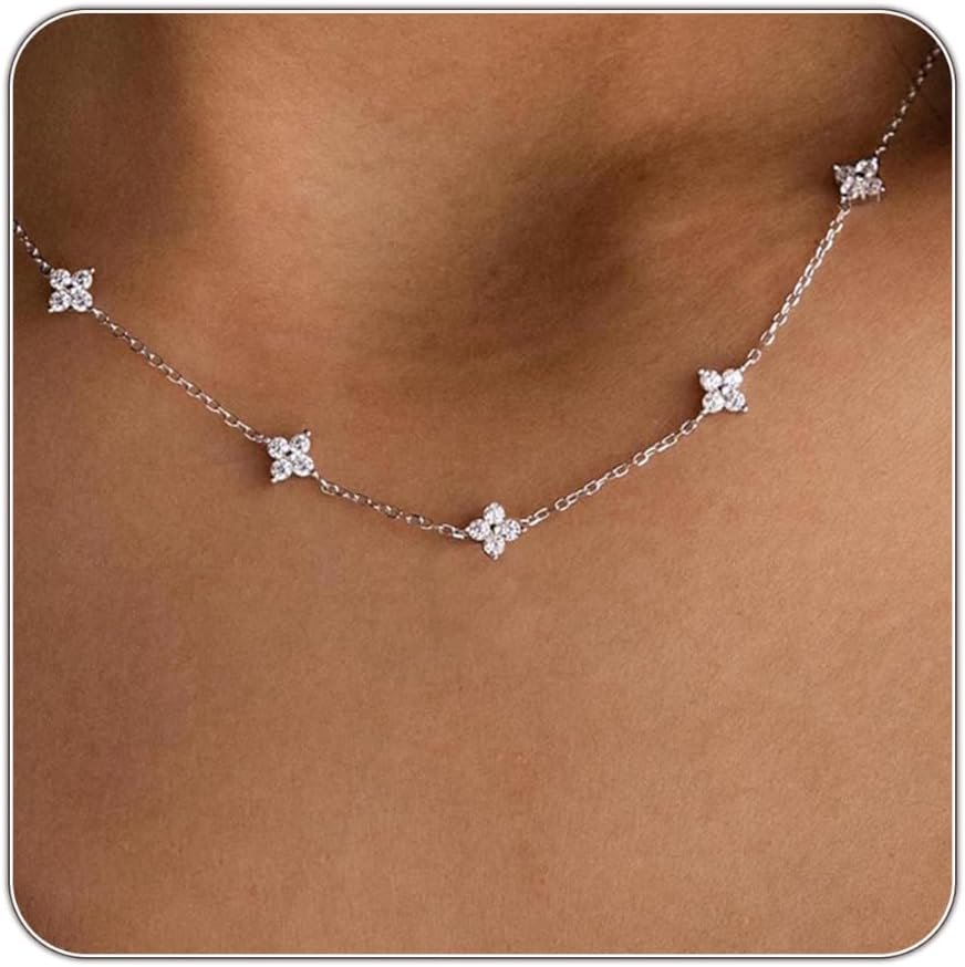 Dainty Silver Gold Necklaces for Women Cute Station Choker Simulated Diamond Necklace Simple Layering CZ Necklace Trendy Jewelry Gifts