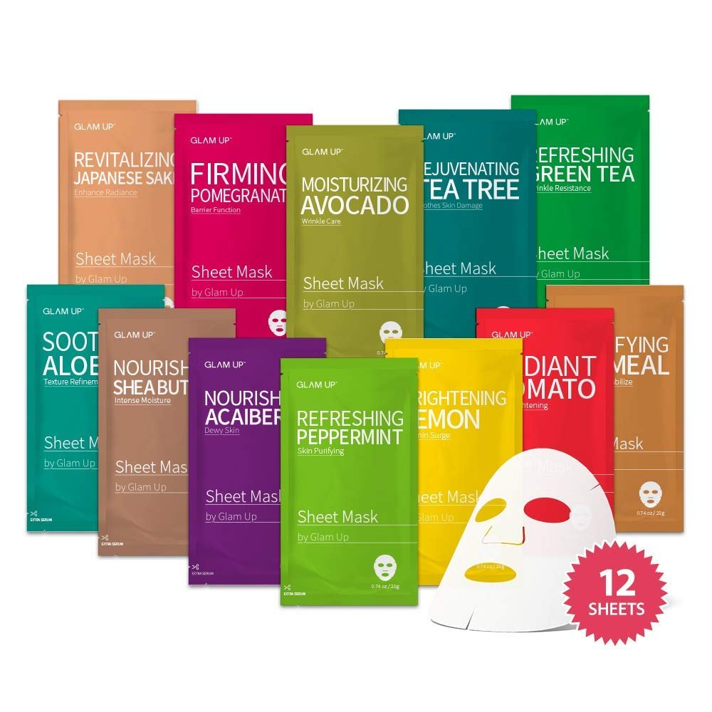 GLAM UP Korean Facial Sheet Mask 12 Pack – Hydrating Glass Skin Face Masks, Korean Skincare for Sensitive & Dry Skin, Easter Gifts, Teen Girl Gifts, Stocking Stuffers for Women, Spa Gift Set