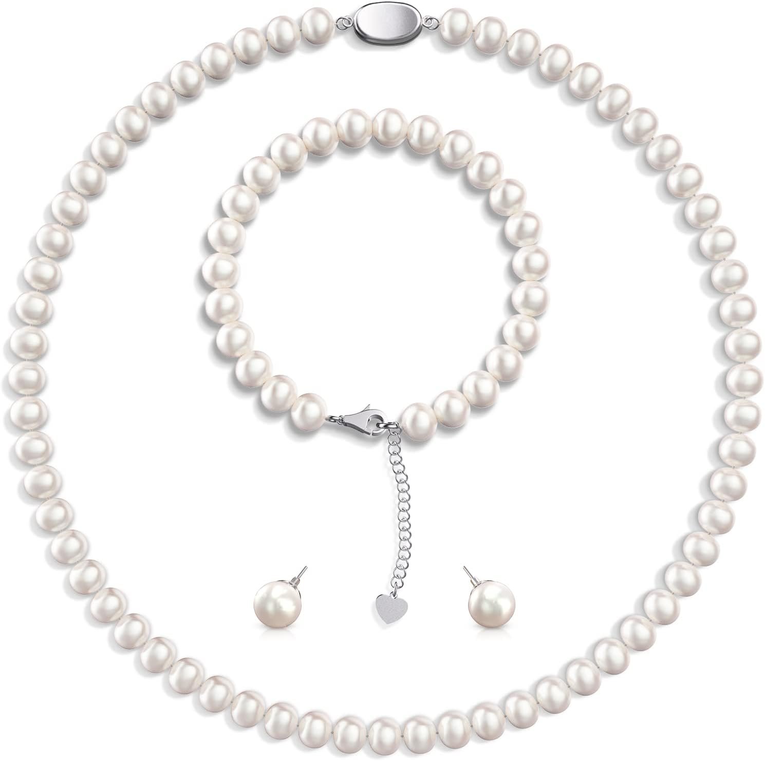 AOOVOO Freshwater Cultured Pearl Necklace Set – Real Pearl Necklace Set Includes Stunning Bracelet and Stud Earrings Jewelry Set for Women