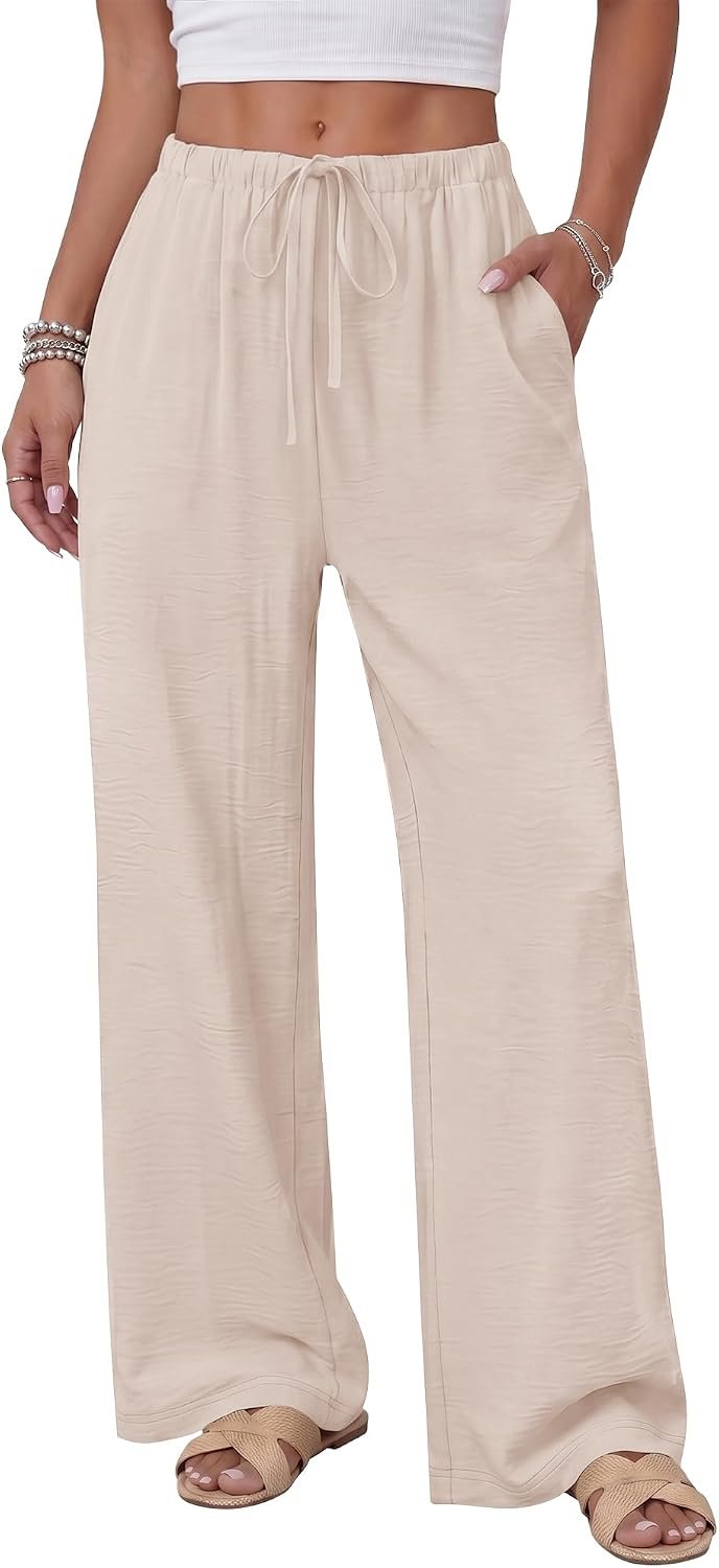 ZOOSIXX Wide Leg Pants for Women – Palazzo Flowy Lounge Lightweight Summer Drawstring Trousers with Pockets Beach Vacation