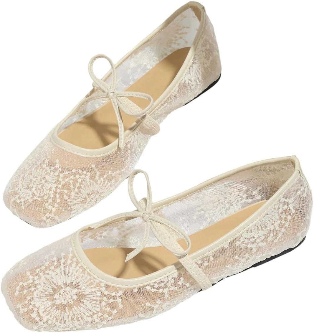 BEAUDRM Women’s Polka Dots Mesh Ballet Flats Cute Lace Ballerina Flats