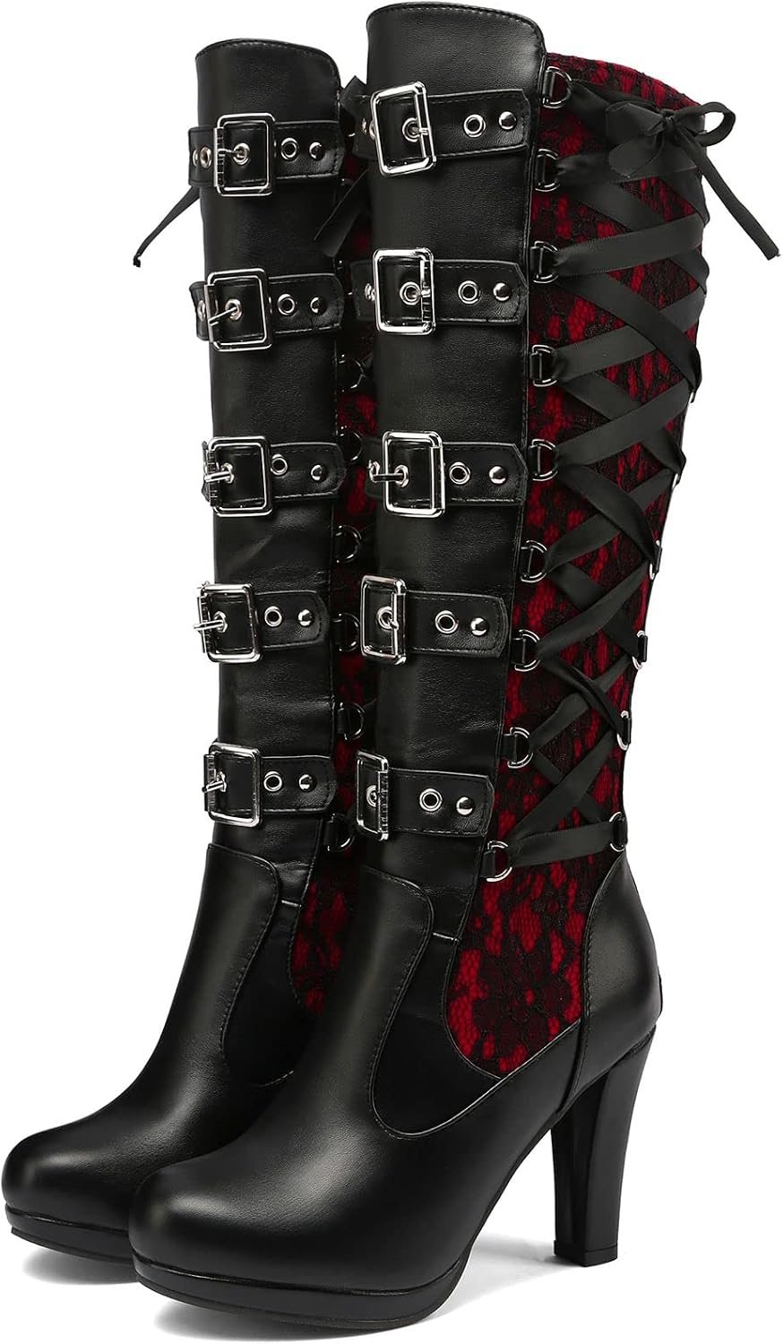KysBloes Women Lace Goth Knee High Boots Buckle Block Heel Lace Up Boots