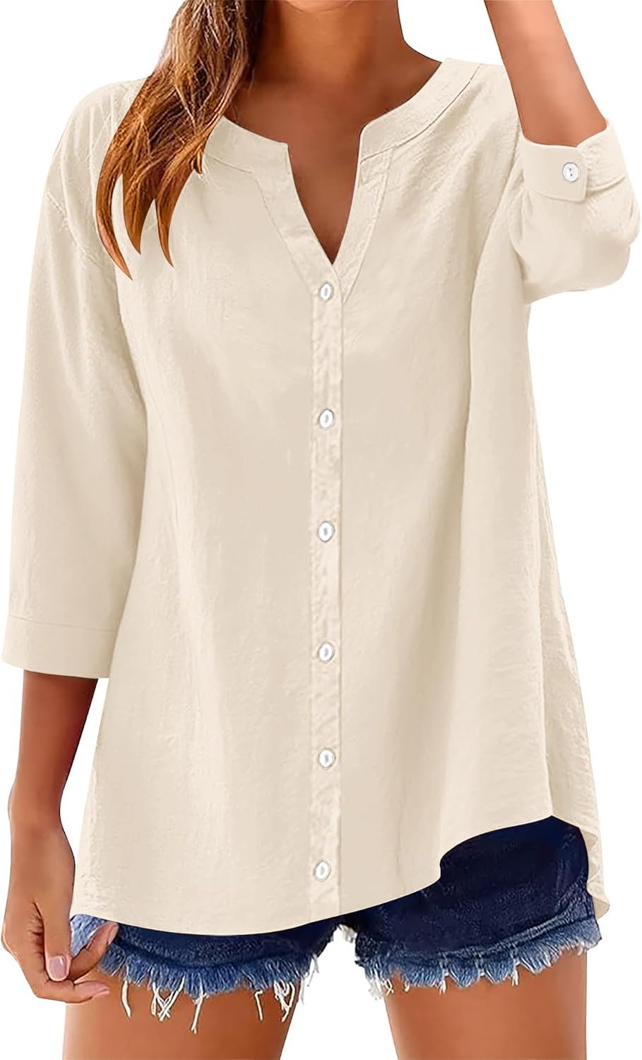 LOMON 3/4 Length Sleeve Womens Tops Cotton Linen V Neck Button Down Shirts