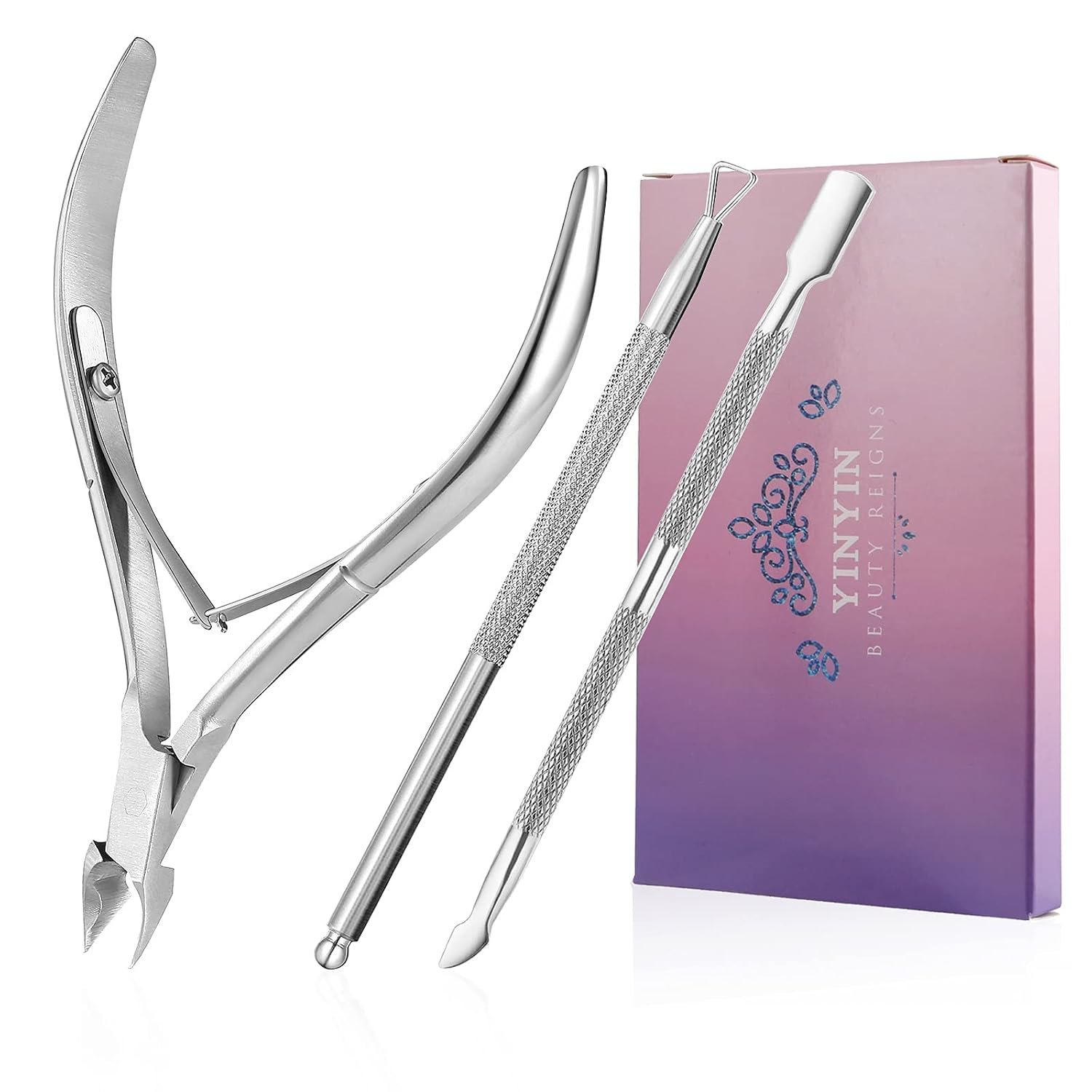 YINYIN Cuticle Trimmer with Pusher and Cutter,Silver