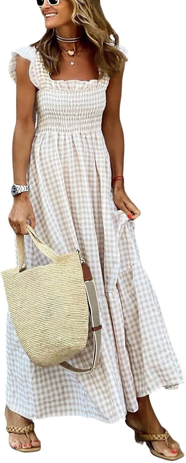 chouyatou Women’s Retro Plaid Smocked Dress Spaghetti Strap Flounce Long Dress