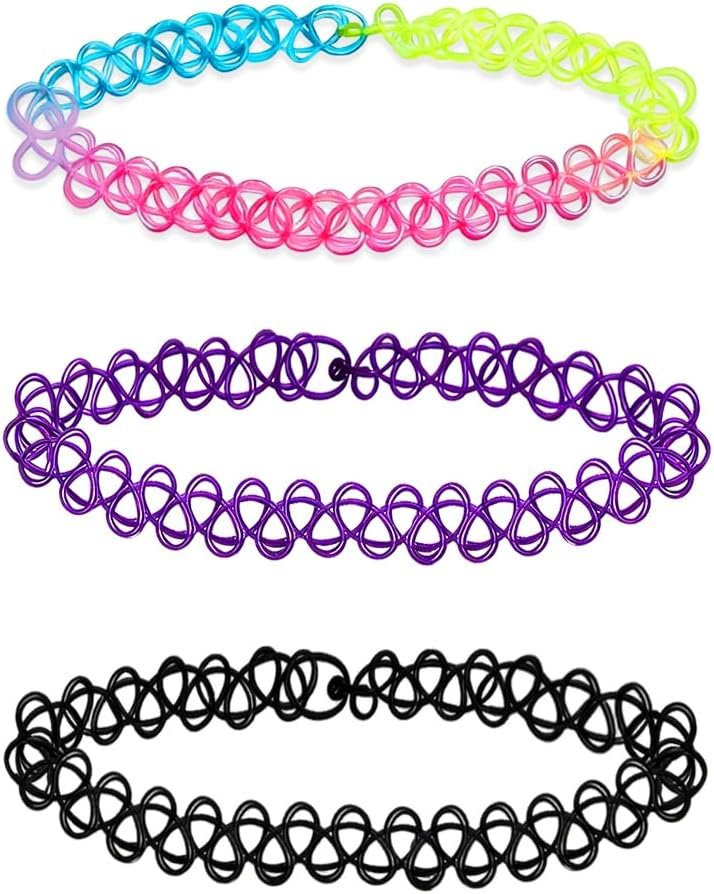 3PCS Black Tattoo Choker Necklace Rainbow Tattoo Chokers Necklace Purple Tattoo Choker 90s Chokers Gothic Y2K 2000s Collar Adjustable Stretchy Elastic Necklace Jewelry Gift for Women