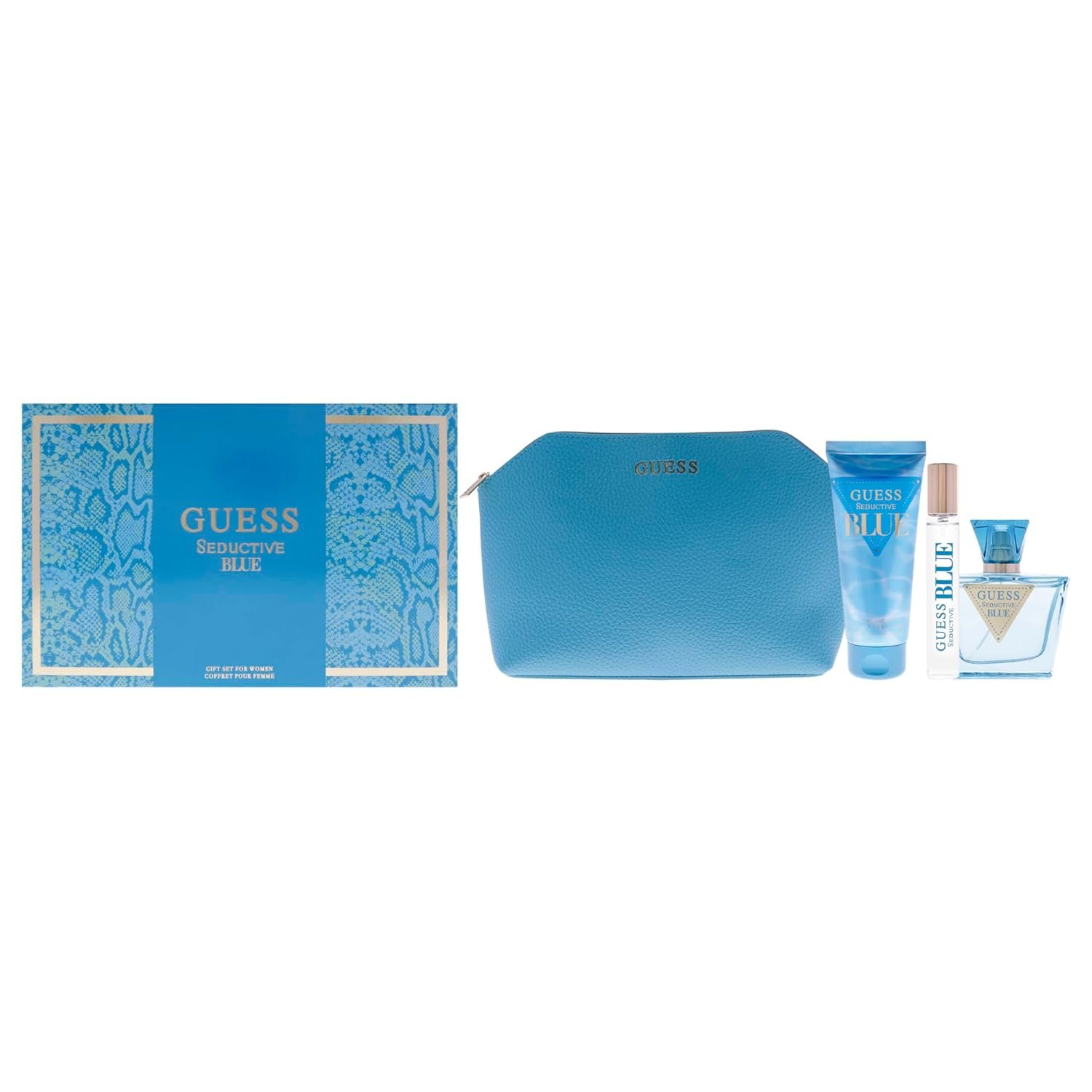 Guess Seductive Blue by Guess for Women – 4 Pc Gift Set 2.5oz EDT Spray, 3.4oz Body Lotion, 0.5oz EDT Spray, Pouch
