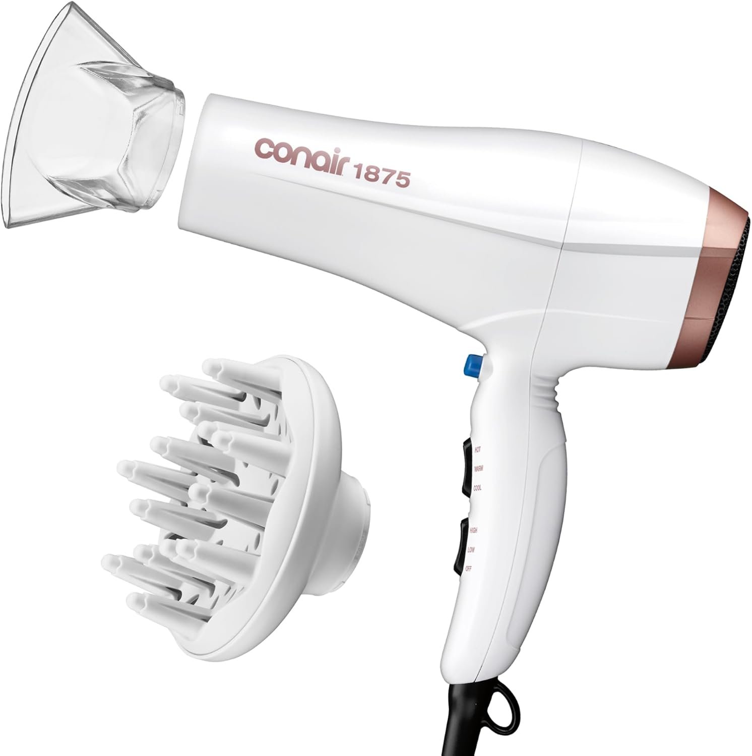Conair Double Ceramic Hair Dryer with Diffuser & Concentrator, 1875W | Ionic blow dryer with concentrator and diffuser hair dryer attachments made to smooth frizz and enhance curl definition