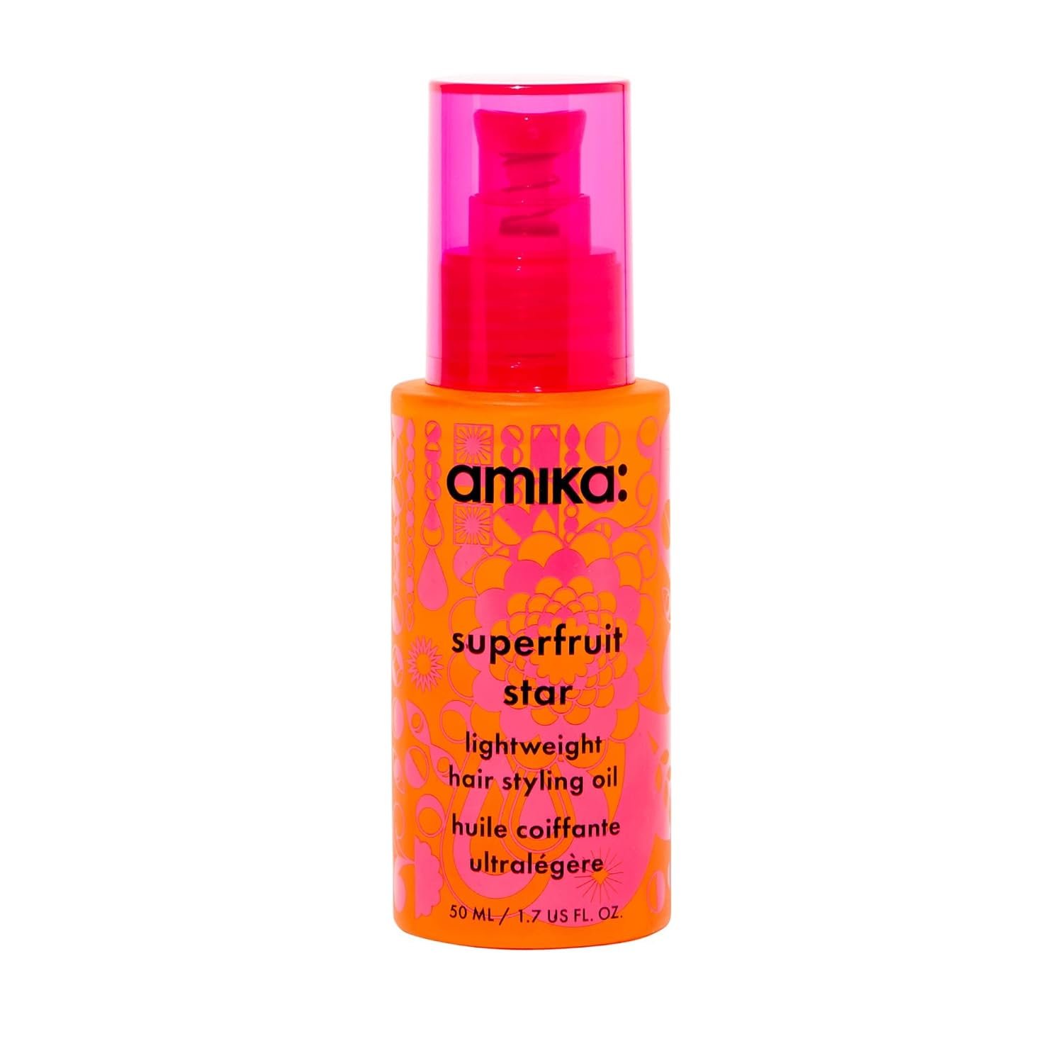 amika superfruit star lightweight hair styling + heat defense oil | heat protection, strengthen + reduce breakage, smooth frizz, add glossy shine | for all hair types