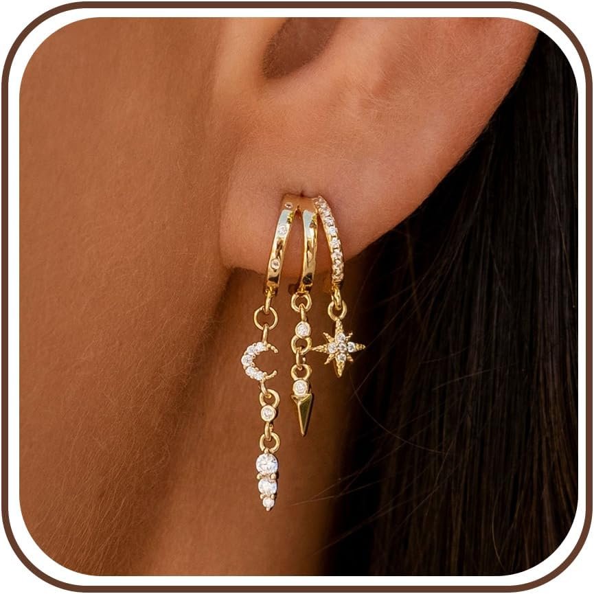 Dangle Gold Earrings for Women Trendy Triple Huggie Chain Earrings