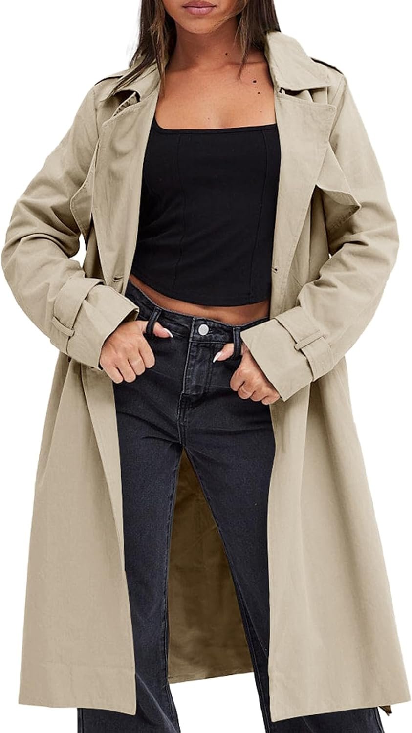 Fisoew Womens Double Breasted Trench Coats Long Lapel Overcoat With Belt