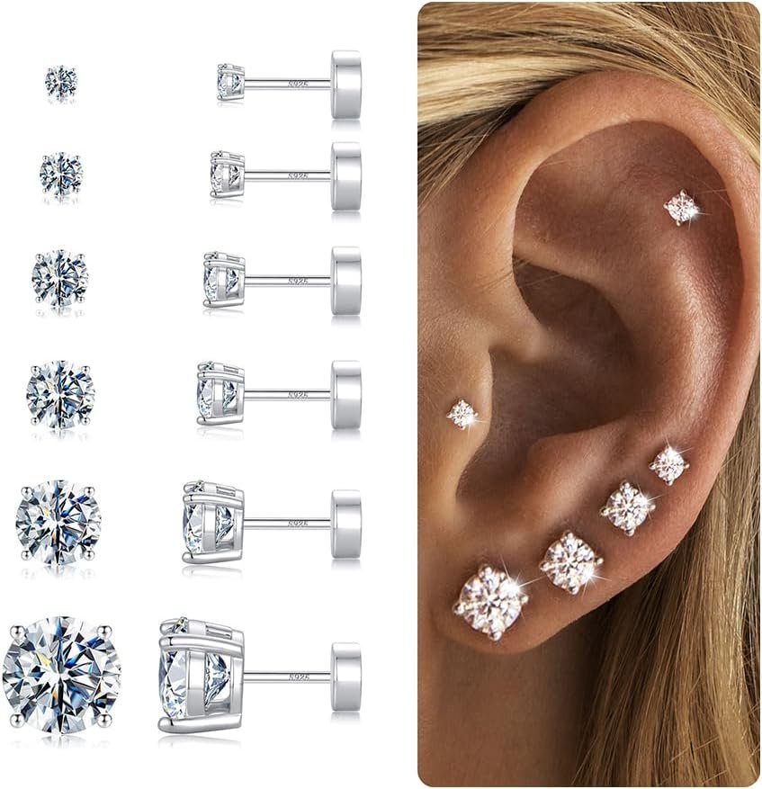 6 Pairs Hypoallergenic Flat Back Earrings for Women Girls,Stud Earring Set