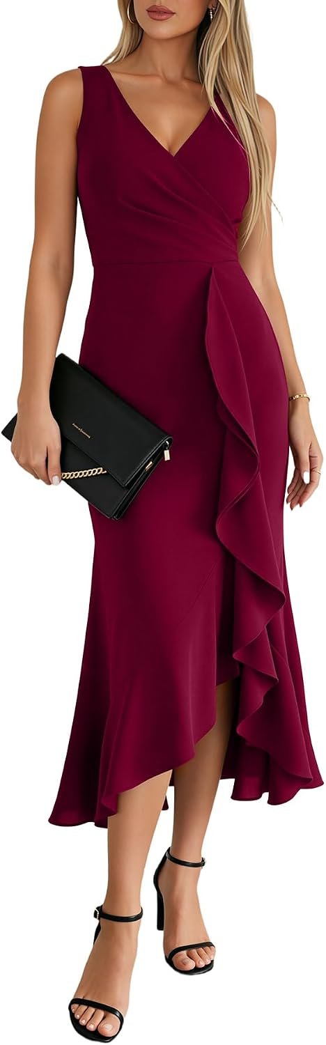 OWIN 2026 Women’s Sexy V Neck Sleeveless Faux Wrap Ruched Midi Dress Ruffle Hem Cocktail Party Wedding Guest Bodycon Dress