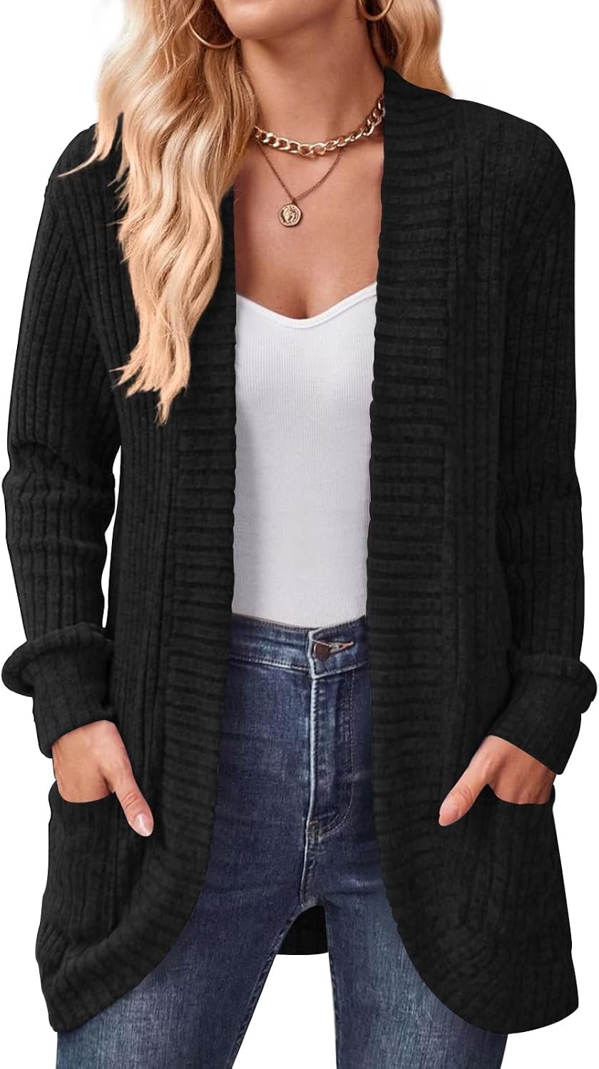 DB MOON Womens Long Cardigan Sweater Lightweight Open Front Long Sleeve Outfits with Pockets