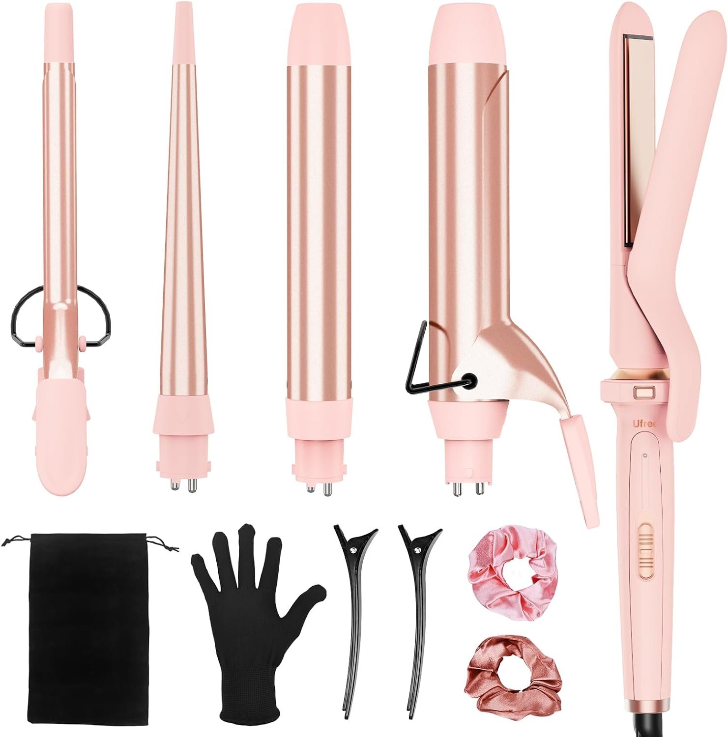 Ufree 5 in 1 Curling Iron with Ceramic Barrels (0.35″-1.25″), Curling Wand Set with Flat Iron Hair Straightener, Instant Heat Up, Dual Voltage Hair Curler, Gifts for Women, Pink