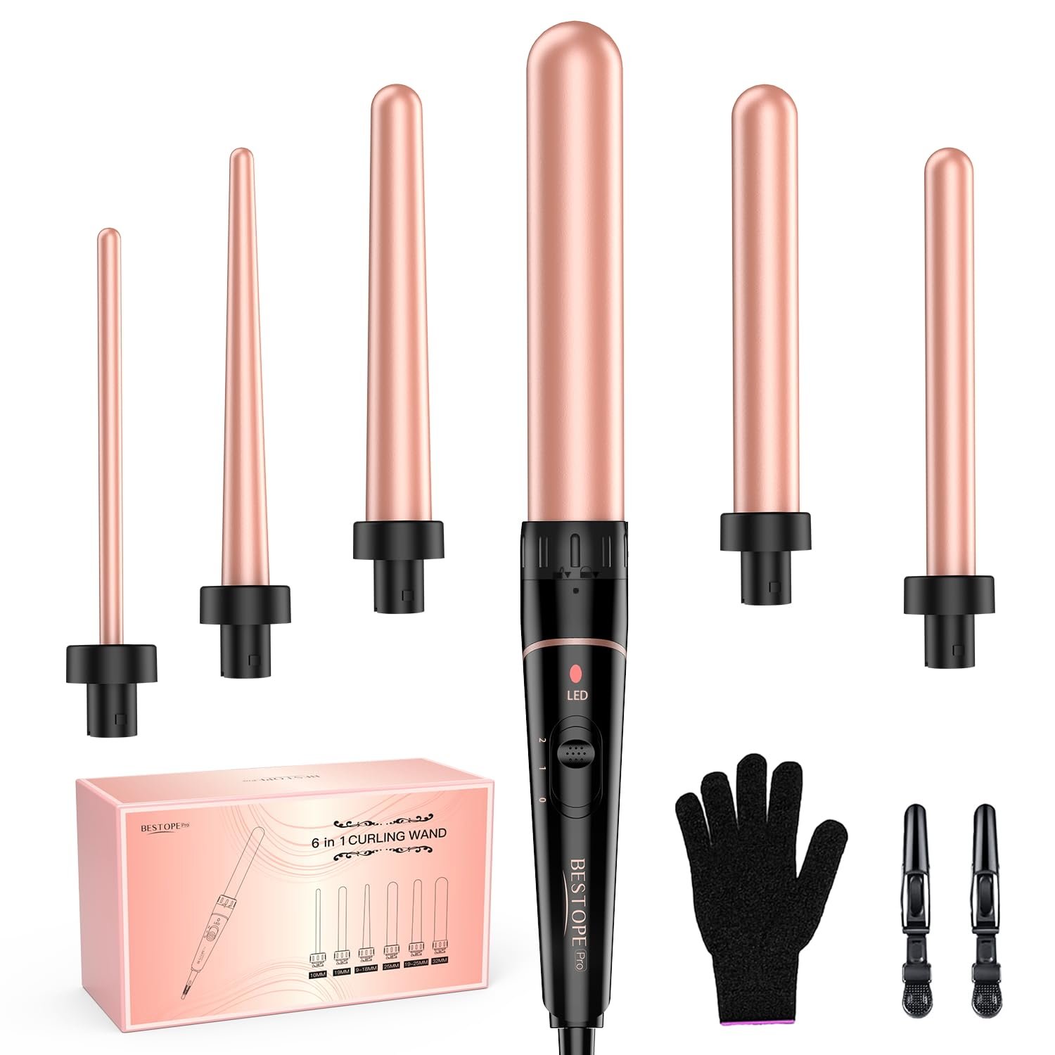 Long Barrel Curling Iron Wand Set, BESTOPE PRO 6 in 1 Curling Wand Set with Ceramic Barrel for Long/Medium Hair, 0.35″-1.25″ Interchangeable Hair Wand Curler, Dual Voltage, Include Glove & Clips