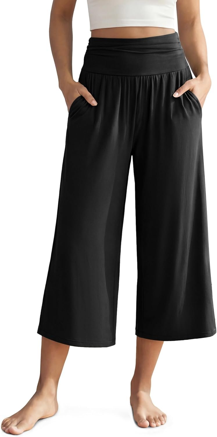 ODODOS Women’s Wide Leg Palazzo Lounge Cropped Pants with Pockets Light Weight Comfy Pajama Capri Pants-20/22″/ 24″ Inseam