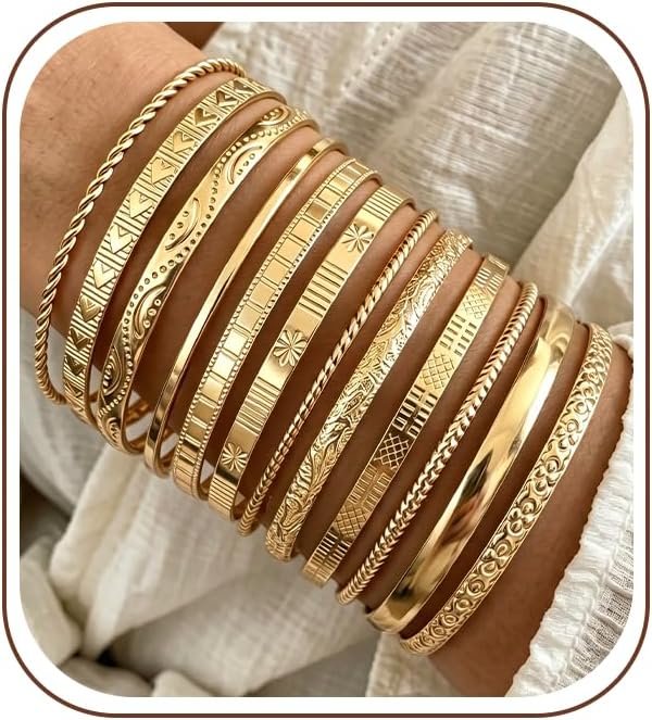 12Pcs Gold Bangle Bracelets for Women 14K Plated Adjustable Indian Boho Set