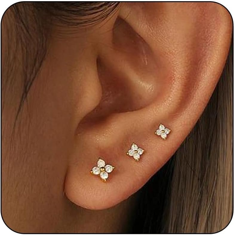 Lunvky 14K Gold Plated Stud Earrings for Women Sterling Silver Earring Set