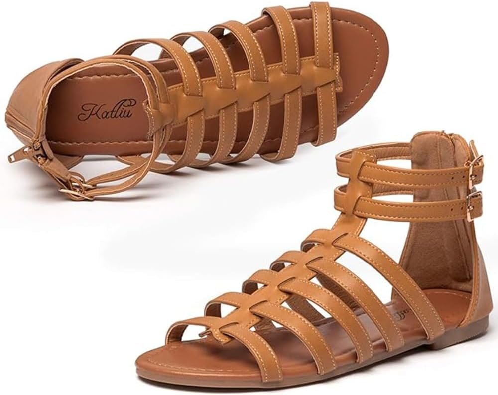 katliu Women’s Gladiator Sandals Strappy Flat Sandals Two Ankle Buckle