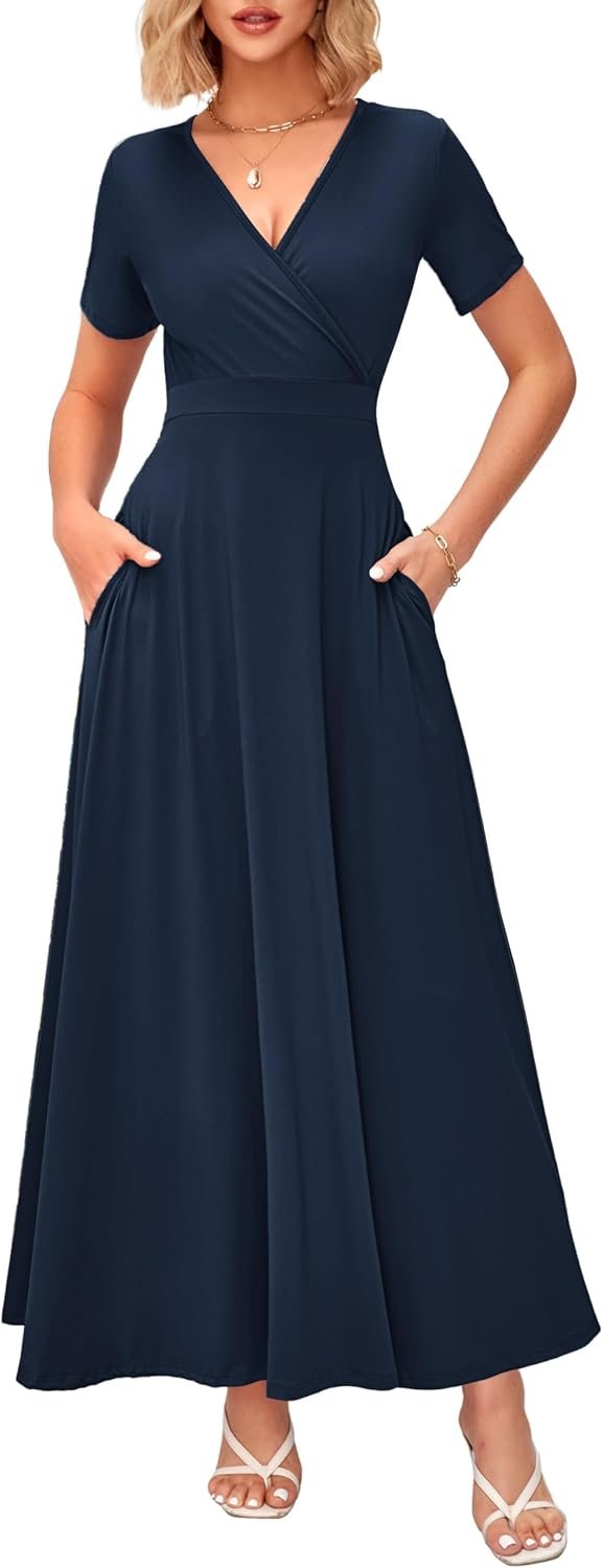 WNEEDU Women’s Summer Maxi Dress Wrap Short Sleeve with Pockets