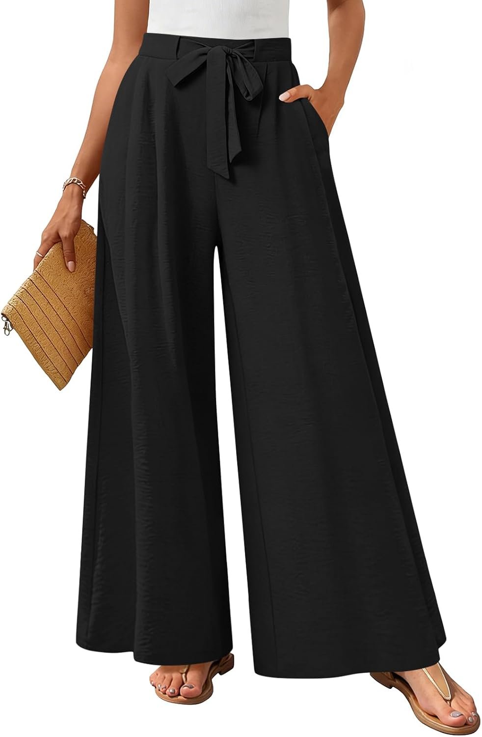 Anyhold Womens Wide Leg Lounge Pants Loose High Waisted Pants Drawstring Casual Work Palazzo Trousers with Pockets
