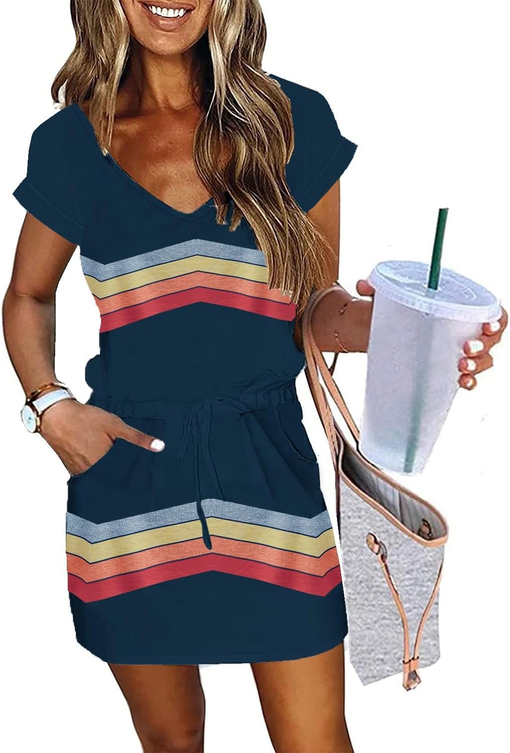 Womens Summer Dress Lantern Sleeve V Neck Tie Front Drawstring Mini Dress