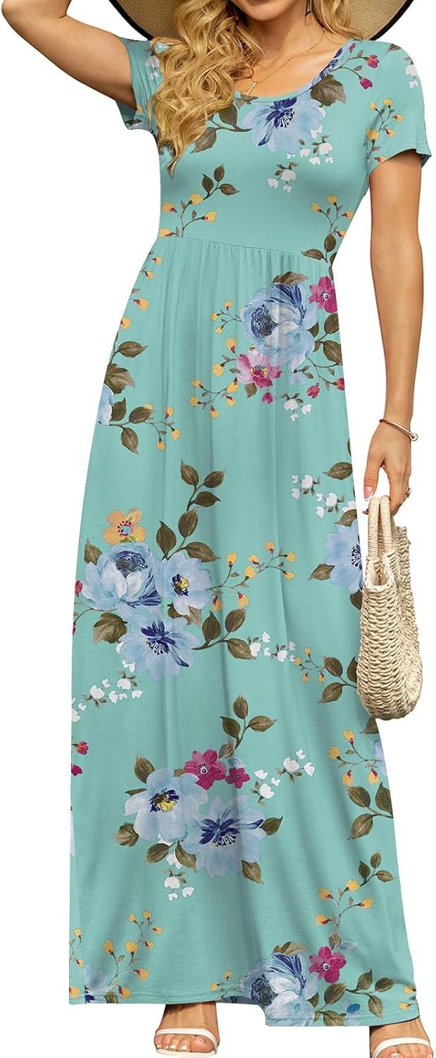 DB MOON Women’s Summer Maxi Dress Casual Short Sleeve Empire Waist Pockets