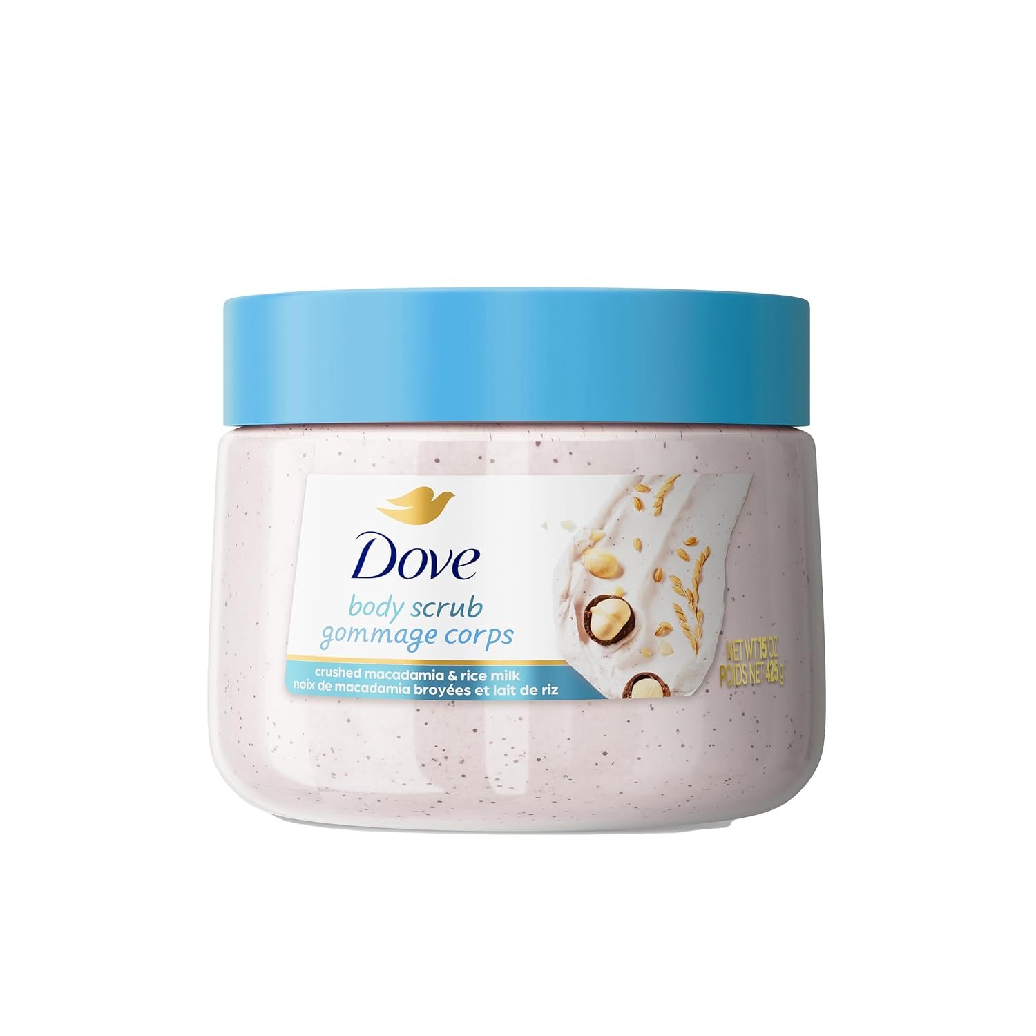 Dove Scrub Macadamia Rice Milk Body Scrub Exfoliates and Deeply 15 oz | For dry, dull skin, Helps deeply nourish skin, With Dove moisturizing cream, For shower self-care, Macadamia & Rice Milk