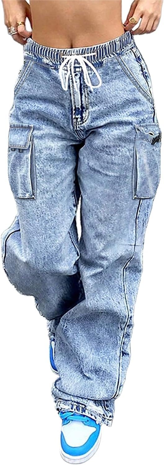 Cargo Jeans for Women Baggy Stretchy Wide Leg Denim Pants High Waisted y2k