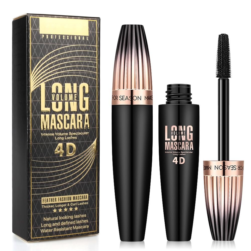 2 Pack 4D Silk Fiber Lash Mascara, Waterproof Very Black Long Lasting Mascara, Lengthening Lifting Multiplying Curling Natural Eyelash Primer Brush, Thickening Softer Lasting All Day, 2 Tube