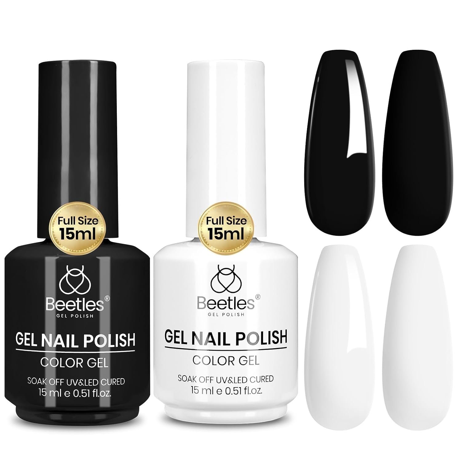 Beetles Black White Gel Polish Set, 2 Pcs 15ml Full Size, Black White Color | French Nails Soak Off LED Nails Art Manicure Salon DIY at Home