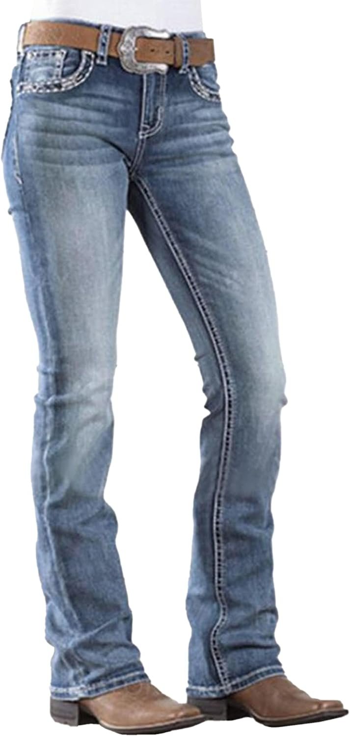 Women’s Mid Rise Bootcut Jeans Western Stretchy Straight Leg Denim Pants