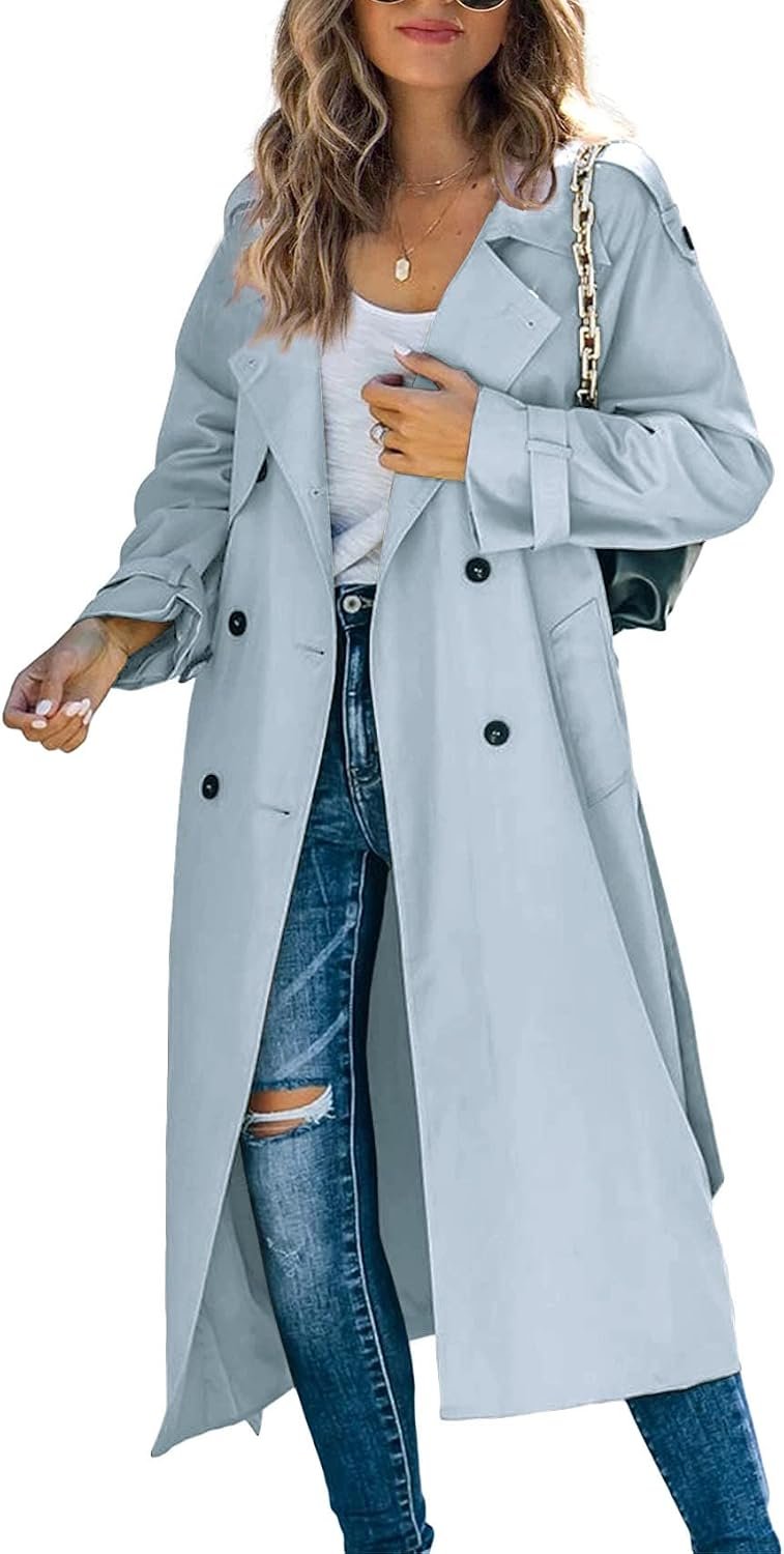 Womens Long Trench Coat Double Breasted Windproof Overcoat With Belt