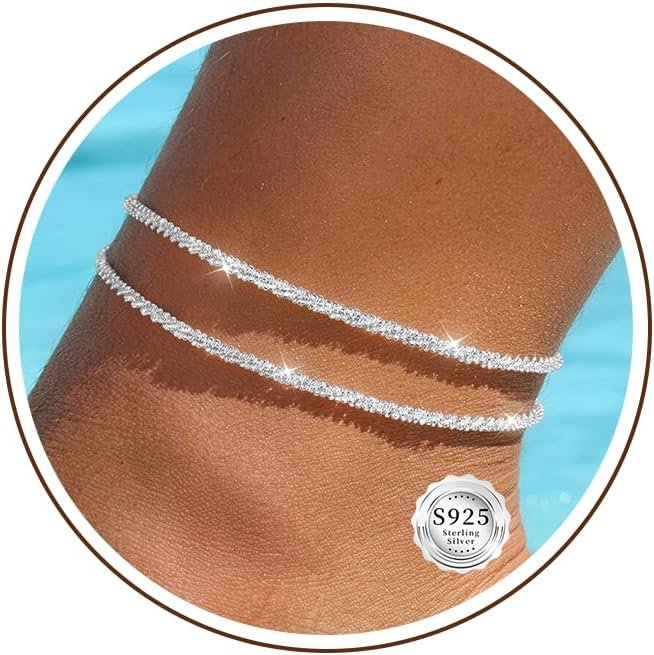 Sterling Silver Ankle Bracelets for Women 14K Gold Plated Waterproof Layered Sparkly Chain Rhinestone Stackable Large Adjustable Anklet Bracelet for Beach Summer Jewelry Gift