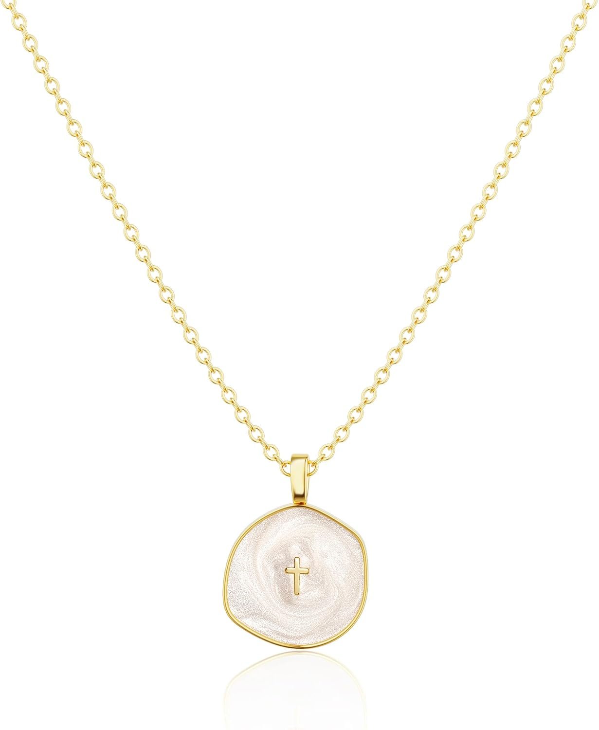 Tewiky Cross Necklace for Women 14k Gold Plated Cross Pendant Necklaces