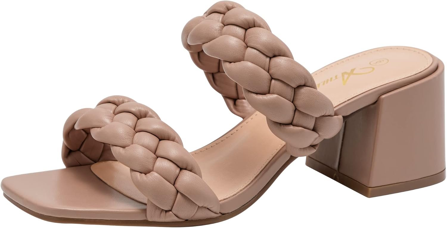 Athlefit Braided Heels for Women Square Toe Chunky Low Heeled Sandals