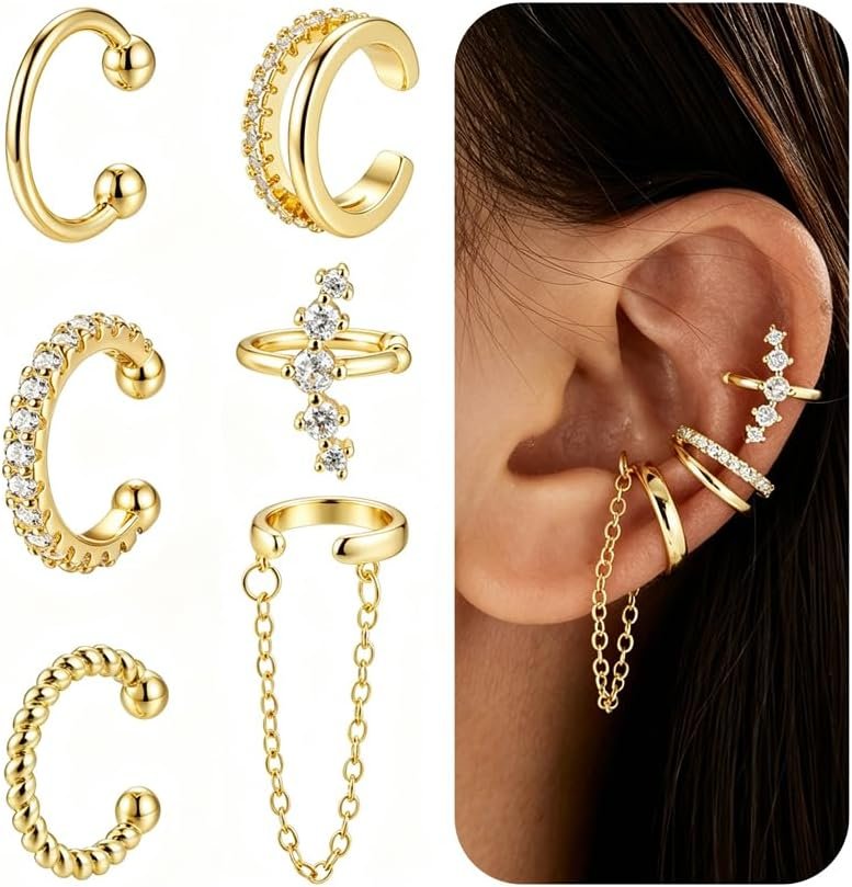Ear Cuffs Non Piercing Chunky/Thin 14K Gold Plated Ear Cuff Earrings for Women Dainty Cuff for Non Pierced Ears Gold Clip on Cartilage Earring Fake Piercings 6PCS