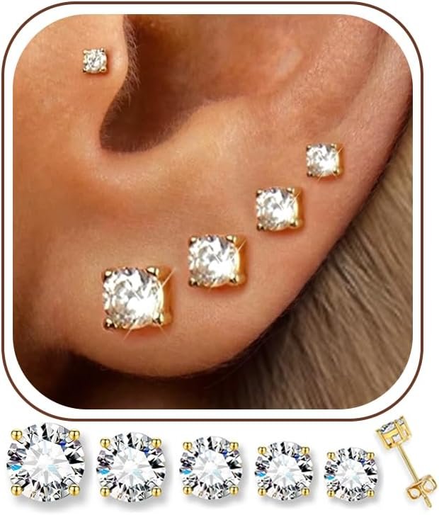 5 Pairs 14K Gold Plated Stud Earrings for Women, CZ Multiple Piercing Set