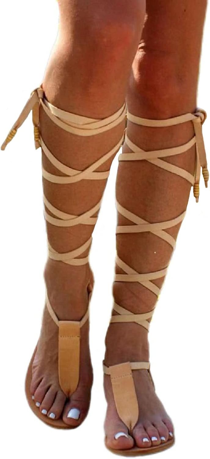 Flat Knee High Gladiator Sandals for Women Strappy Lace Up Bohemia Sandals