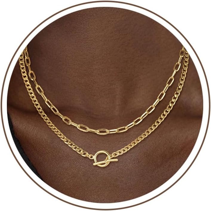 CHESKY 14K Gold Plated Layered Chain Necklace for Women