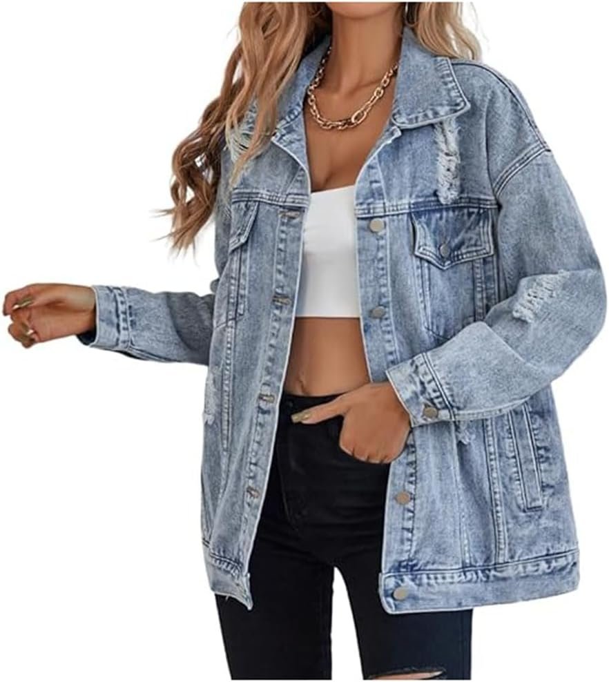 LifeShe Women’s oversized Jean Jacket distressed denim Coat with Pockets